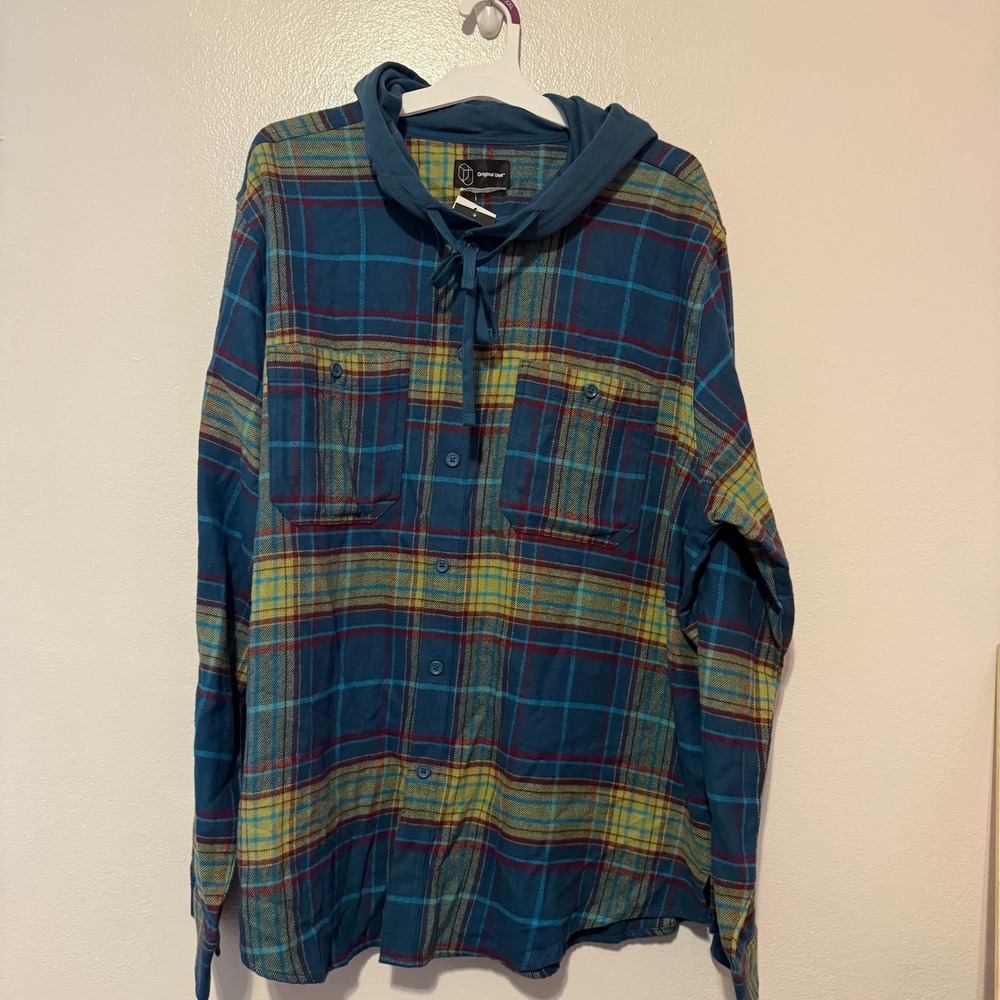 Original Use Mens XXL Blue Green Plaid Hooded Flannel Shirt Long Sleeve NWT